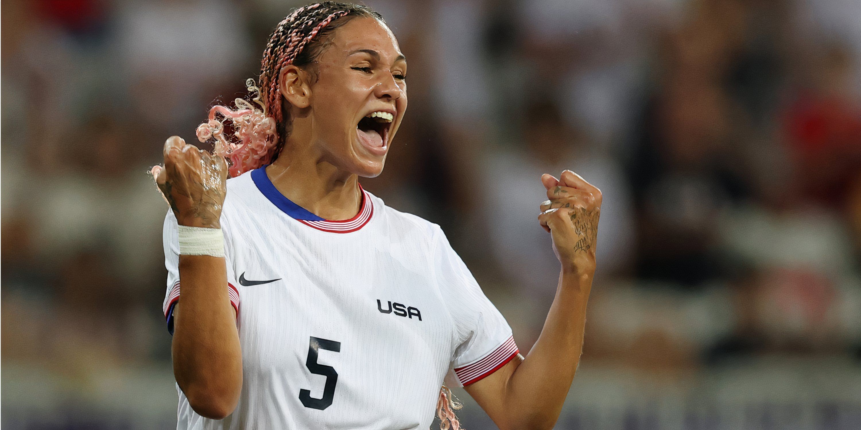 Trinity Rodman celebrates a goal against Zambia at the 2024 Olympics