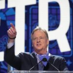Apr 25, 2024; Detroit, MI, USA; NFL Commissioner Roger Goodell addresses the crowd during the 2024 NFL Draft at Campus Martius Park and Hart Plaza.
